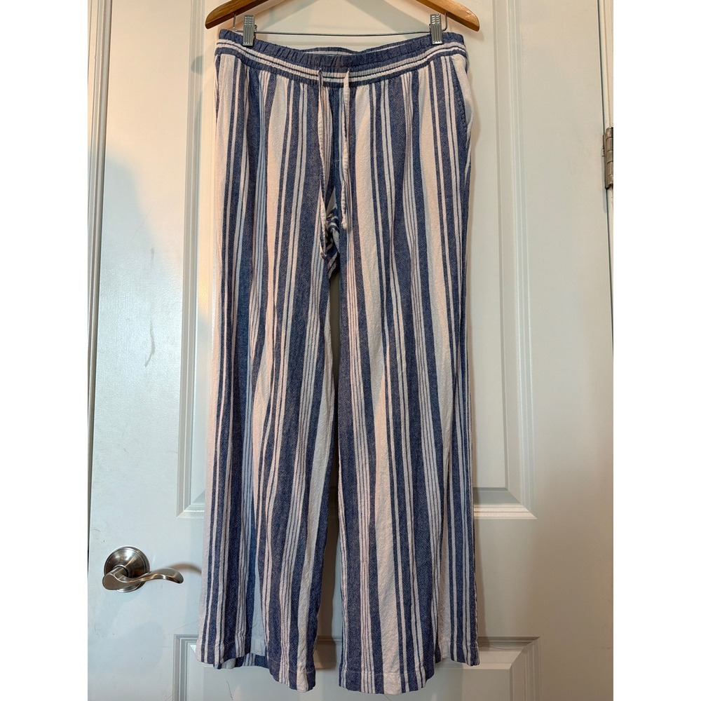 Old Navy Striped Wide Leg Linen Blend Pants Blue White Medium Drawstring Casual